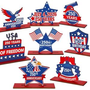 Yalikop 8 Pack 250th Anniversary Decoration Patriotic Table Centerpiece Wooden 4th of July Table Topper USA 250th Anniversary Red White Blue Independence Day Decor for Memorial Americana Decor