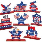 Yalikop 8 Pack 250th Anniversary Decoration Patriotic Table Centerpiece Wooden 4th of July Table Topper USA 250th Anniversary Red White Blue Independence Day Decor for Memorial Americana Decor
