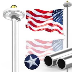Bknius 100MPH 12 Gauge Flagpole Kit with Solar Light and Flag 2mm Thick, Heavy Duty Flag Pole Holder with Light Solar Powered, Flagpole Kit 20FT Silver with Pulley and Rope, for Outside House