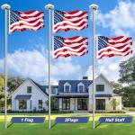 Bknius 100MPH 12 Gauge Flagpole Kit with Solar Light and Flag 2mm Thick, Heavy Duty Flag Pole Holder with Light Solar Powered, Flagpole Kit 20FT Silver with Pulley and Rope, for Outside House