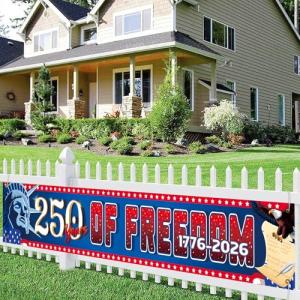 Large 250 Years America Banner,118" x 20" 250th Anniversary USA Patriotic Banner with Eagle & Statue of Liberty,250 Years of Freedom Party Supplies for Indoor, Yard, Garden, Porch, Lawn