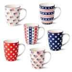 Patriotic Pad Print Porcelain MUGS SET of 6, 14 ounce red white and blue assorted star stripe and flag designs for coffee tea and festive everyday drinkware