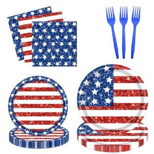 HiEnjoin 72PCS American Flag Patriotic Party Plates Napkins Set, Disposable Dessert Plates with Forks Party Supplies Tableware for Independence Day Veterans Day Election Day 4th of July Decorations