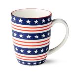 Patriotic Pad Print Porcelain MUGS SET of 6, 14 ounce red white and blue assorted star stripe and flag designs for coffee tea and festive everyday drinkware
