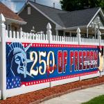 Large 250 Years America Banner,118" x 20" 250th Anniversary USA Patriotic Banner with Eagle & Statue of Liberty,250 Years of Freedom Party Supplies for Indoor, Yard, Garden, Porch, Lawn