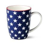 Patriotic Pad Print Porcelain MUGS SET of 6, 14 ounce red white and blue assorted star stripe and flag designs for coffee tea and festive everyday drinkware