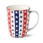 Patriotic Pad Print Porcelain MUGS SET of 6, 14 ounce red white and blue assorted star stripe and flag designs for coffee tea and festive everyday drinkware