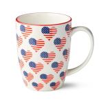 Patriotic Pad Print Porcelain MUGS SET of 6, 14 ounce red white and blue assorted star stripe and flag designs for coffee tea and festive everyday drinkware