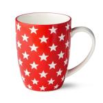 Patriotic Pad Print Porcelain MUGS SET of 6, 14 ounce red white and blue assorted star stripe and flag designs for coffee tea and festive everyday drinkware