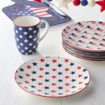 Patriotic Pad Print Porcelain MUGS SET of 6, 14 ounce red white and blue assorted star stripe and flag designs for coffee tea and festive everyday drinkware