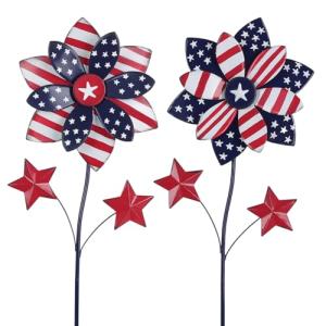 YEAHOME 4th of July Decorations Outdoor, 22.4" Set of 2 Red White Blue Metal Flowers Decorative Garden Stakes for Memorial Day Decorations, Yard Signs Patriotic Decorations for Garden Lawn Porch