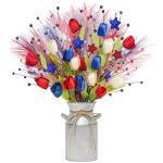obbsie 20in Patriotic Artificial Berry Stem Picks in Vase, 10pcs Red White and Blue Flowers Branches with Tulips Stars Pampas 4th of July Centerpieces for Tables Independence Day Memorial Day Decor