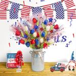 obbsie 20in Patriotic Artificial Berry Stem Picks in Vase, 10pcs Red White and Blue Flowers Branches with Tulips Stars Pampas 4th of July Centerpieces for Tables Independence Day Memorial Day Decor