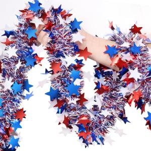 4th of July Garland Decorations,50Ft Glitter Tinsel Patriotic Decor for Tree Car Golf Cart Parade Float Bike Party Table Yard Door Boat Indoor Outdoor Holiday Home
