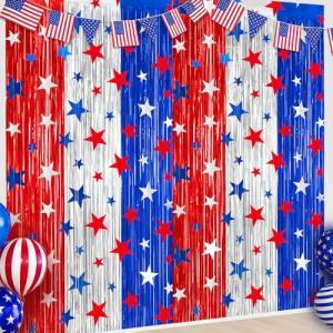 2 Pack 4th of July Foil Fringe Curtains 3.3 x 6.6 Ft Patriotic Party Tinsel Curtain Backdrop Red Blue Silver Stars Metallic Foil Streamer Photo Booth Prop for Memorial Day Independence Day Wall Decor