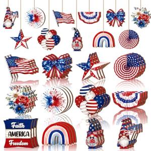 Anglechic 36 Pcs 4th of July Ornaments for Tree Patriotic Wooden American Flag Ornaments Memorial Day Tree Decorations Red White Blue Hanging Decoration for Independence Day 250th Anniversary(Fresh)