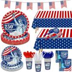 243Pcs 4th of july Decorations- Serve 30 - 250th Anniversary American Flag Patriotic Party Supplies Set Tablecloth Napkins Plates Cups Red White Blue Spoons Knife Forks Banner Straws Independence Day