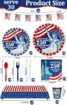 243Pcs 4th of july Decorations- Serve 30 - 250th Anniversary American Flag Patriotic Party Supplies Set Tablecloth Napkins Plates Cups Red White Blue Spoons Knife Forks Banner Straws Independence Day