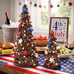 CRCZK 4th of July Decorations Lighted Tabletop Rattan Tree, 2Pcs Patriotic Red White Blue Rustic Twig Trees with String Lights, 250 Anniversary USA Independence Day Decor for Home Table Centerpiece