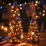 CRCZK 4th of July Decorations Lighted Tabletop Rattan Tree, 2Pcs Patriotic Red White Blue Rustic Twig Trees with String Lights, 250 Anniversary USA Independence Day Decor for Home Table Centerpiece