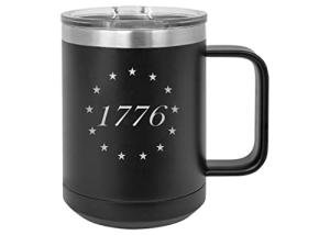 Rogue River Tactical USA American Flag 1776 Betsy Ross Flag Heavy Duty Stainless Steel Black Coffee Mug Tumbler With Lid Novelty Cup Great Gift Idea