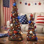 CRCZK 4th of July Decorations Lighted Tabletop Rattan Tree, 2Pcs Patriotic Red White Blue Rustic Twig Trees with String Lights, 250 Anniversary USA Independence Day Decor for Home Table Centerpiece