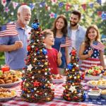 CRCZK 4th of July Decorations Lighted Tabletop Rattan Tree, 2Pcs Patriotic Red White Blue Rustic Twig Trees with String Lights, 250 Anniversary USA Independence Day Decor for Home Table Centerpiece