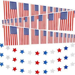 66 Ft American Flag Banners String(76 Flags), and 39 Ft Star Streamers Garland for Patriotic Party Celebration, Independence Day Party Favor Supplies, Memorial Day Decoration