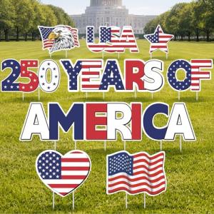 RattanView 12 Pcs Large 250th Anniversary Yard Signs Decoration 4th of July 250th Patriotic USA Flag Eagle Lawn Decoration with Stakes for 1776-2026 Commemorative Outdoor Decor