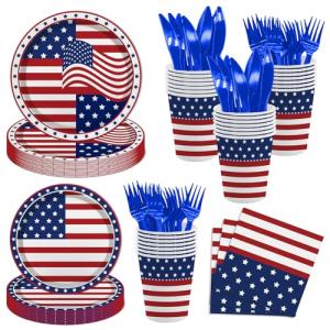MEHOFOND 4th of July Party Supplies Set, Patriotic USA Flag Disposable Paper Plates Cups Napkins Cutlery Red White Blue, Independence Day Tableware Decorations for Birthday BBQ Picnic, Serve 24