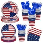 MEHOFOND 4th of July Party Supplies Set, Patriotic USA Flag Disposable Paper Plates Cups Napkins Cutlery Red White Blue, Independence Day Tableware Decorations for Birthday BBQ Picnic, Serve 24