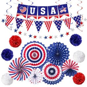4th of July Patriotic Party Decorations, 6 Paper Fan, 6 Flower Ball, 1 USA Swallowtail Flag, 1 USA Pennant Flag, 1 Star Streamer, 6 Swirl, Independence Day, Memorial Day, Veterans Day Decor Supplies