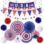 4th of July Patriotic Party Decorations, 6 Paper Fan, 6 Flower Ball, 1 USA Swallowtail Flag, 1 USA Pennant Flag, 1 Star Streamer, 6 Swirl, Independence Day, Memorial Day, Veterans Day Decor Supplies