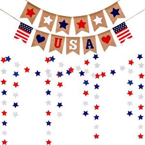 Boao 4 Pieces 250th Anniversary Party Decorations Independence Day USA Banner 4th of July Star Printed Burlap Banner Red White Blue Streamers Paper Star Garland for Patriotic America Party Decor