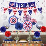 4th of July Patriotic Party Decorations, 6 Paper Fan, 6 Flower Ball, 1 USA Swallowtail Flag, 1 USA Pennant Flag, 1 Star Streamer, 6 Swirl, Independence Day, Memorial Day, Veterans Day Decor Supplies