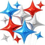 Red Blue Silver Star Balloons,12Pcs Four Angle Star Foil Balloons,26Inch and 10Inch Red Blue Quadrangle Helium Balloon for 4th of July Independence Day Patriotic Birthday Usa Party Decorations