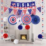 4th of July Patriotic Party Decorations, 6 Paper Fan, 6 Flower Ball, 1 USA Swallowtail Flag, 1 USA Pennant Flag, 1 Star Streamer, 6 Swirl, Independence Day, Memorial Day, Veterans Day Decor Supplies