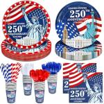 256Pcs 4th of July Decoration 250th Anniversary Patriotic American Flag Party Supplies-Serve 32 4th of July Disposable Paper Plates Cups Napkins Cutlery Forks Spoons Straws Red White Blue,Memorial Day