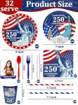 256Pcs 4th of July Decoration 250th Anniversary Patriotic American Flag Party Supplies-Serve 32 4th of July Disposable Paper Plates Cups Napkins Cutlery Forks Spoons Straws Red White Blue,Memorial Day
