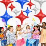Red Blue Silver Star Balloons,12Pcs Four Angle Star Foil Balloons,26Inch and 10Inch Red Blue Quadrangle Helium Balloon for 4th of July Independence Day Patriotic Birthday Usa Party Decorations