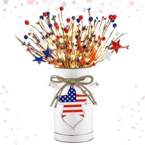 Tioncy 1 Set 4th of July Patriotic Table Centerpieces Lighted Artificial Memorial Day Red White Blue Berry Stems Flag Star with Metal Vase Light Rustic 250th Anniversary Decor for Home Dining Table