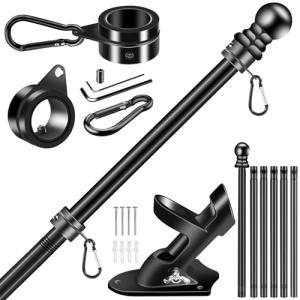 BONWIN Black Flag Pole Kit for Outside House, 7 FT Thickened Stainless Steel Wall Mount Flagpole for 3x5'/4x6' Flag, 1" Anti-Wrap Spinning Flag Ring Clips & 2-Position Bracket Holder for Porch Yard