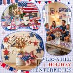 Tioncy 1 Set 4th of July Patriotic Table Centerpieces Lighted Artificial Memorial Day Red White Blue Berry Stems Flag Star with Metal Vase Light Rustic 250th Anniversary Decor for Home Dining Table