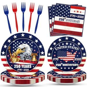 100 Pieces 250th Anniversary Patriotic Tableware Set – Disposable Plates, Napkins, and Forks for 2026 Independence Day, Memorial Day, and Military Family Celebrations, USA-Themed Table Decorations