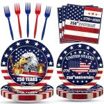 100 Pieces 250th Anniversary Patriotic Tableware Set – Disposable Plates, Napkins, and Forks for 2026 Independence Day, Memorial Day, and Military Family Celebrations, USA-Themed Table Decorations