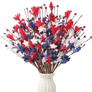 WSTPUPU 18 Pcs Patriotic Floral Picks, 17 Inch Red White Blue Artificial Flower Stems with Stars & Pip Berries, 4th of July Centerpiece Decorations for Tables, Patriotic Table Decor