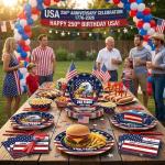 100 Pieces 250th Anniversary Patriotic Tableware Set – Disposable Plates, Napkins, and Forks for 2026 Independence Day, Memorial Day, and Military Family Celebrations, USA-Themed Table Decorations