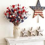 WSTPUPU 18 Pcs Patriotic Floral Picks, 17 Inch Red White Blue Artificial Flower Stems with Stars & Pip Berries, 4th of July Centerpiece Decorations for Tables, Patriotic Table Decor