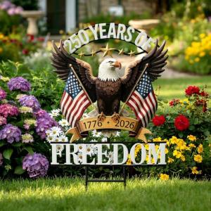 Fumete 250 Anniversary America Garden Stake 4th of July Decorations Outdoor Patriotic Independence Memorial Day Eagle Metal Stake 250th Anniversary USA 1776-2026 Yard Sign for Outside Lawn 18.9”x11.4”