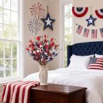 WSTPUPU 18 Pcs Patriotic Floral Picks, 17 Inch Red White Blue Artificial Flower Stems with Stars & Pip Berries, 4th of July Centerpiece Decorations for Tables, Patriotic Table Decor